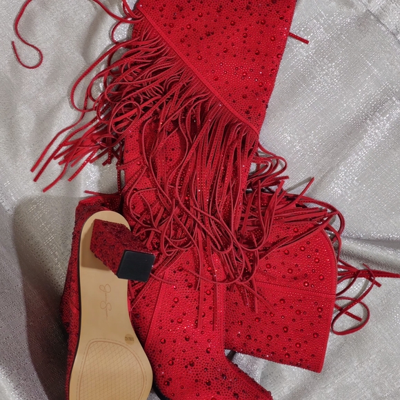 Jessica Simpson Red Sequin Fringe Heeled Boots - Picture 3 of 8
